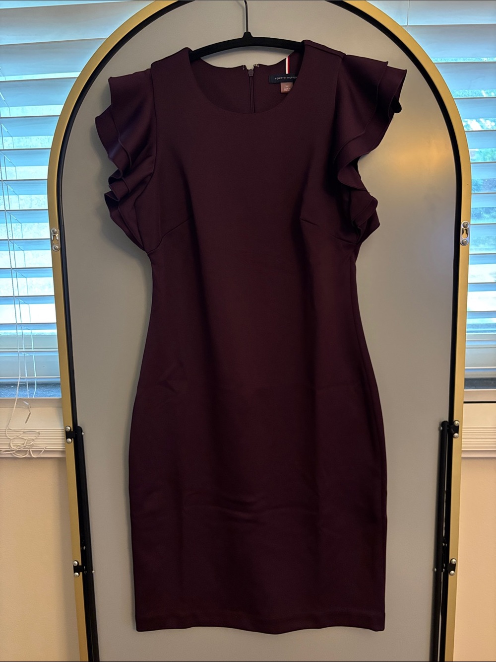 Ruffle-Sleeve Sheath Dress (Deep Plum)